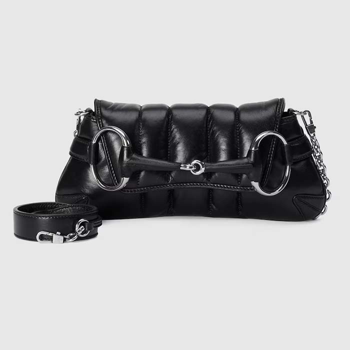Gucci Women GG Horsebit Chain Small Shoulder Bag Black Quilted Leather Maxi Horsebit