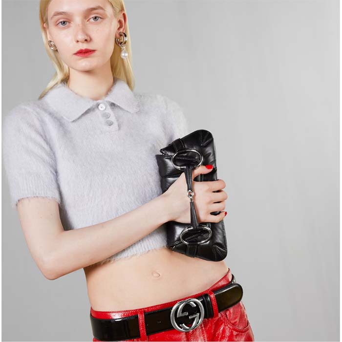 Gucci Women GG Horsebit Chain Small Shoulder Bag Black Quilted Leather Maxi Horsebit (4)