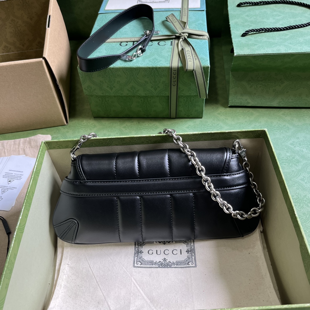 Gucci Women GG Horsebit Chain Small Shoulder Bag Black Quilted Leather Maxi Horsebit (8)