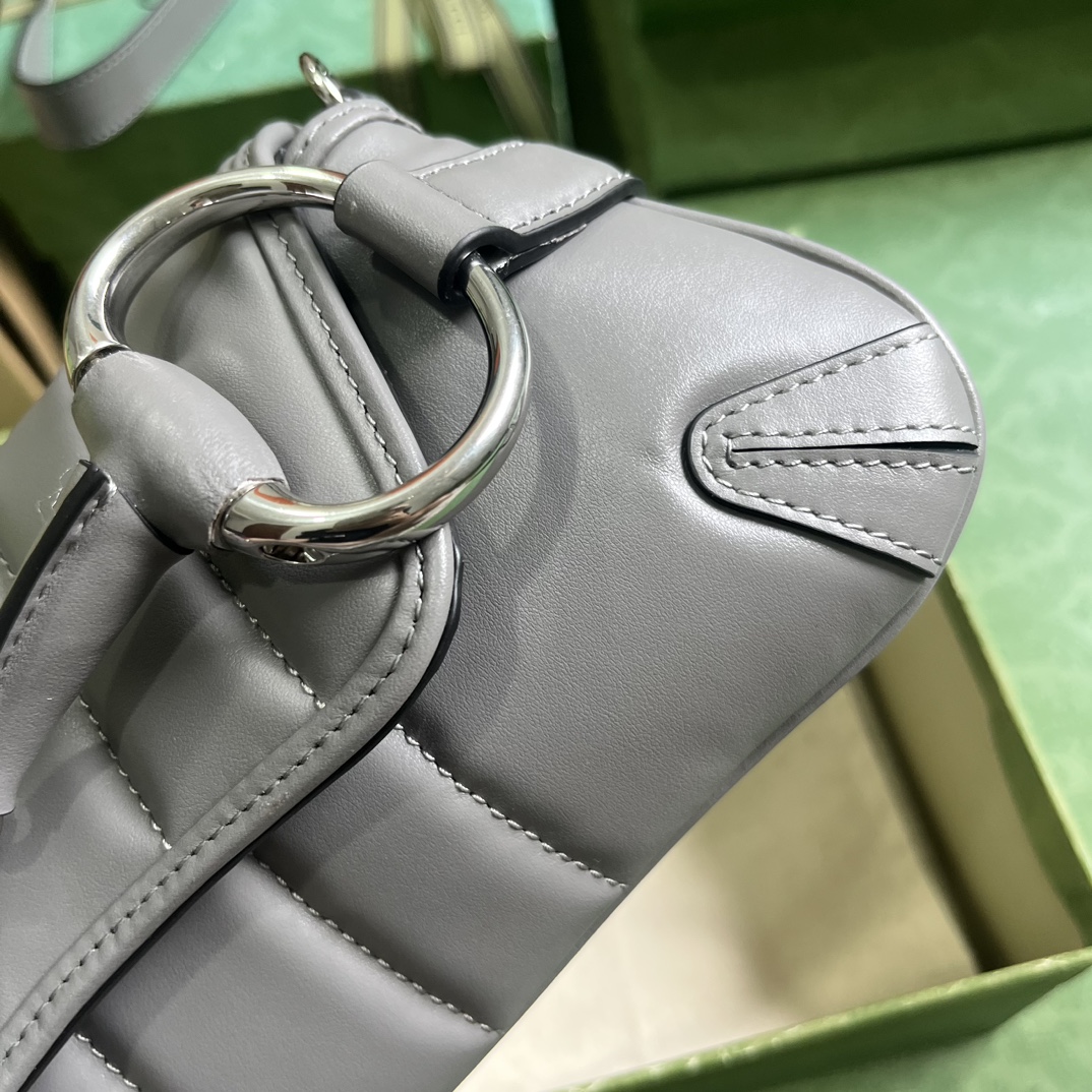 Gucci Women GG Horsebit Chain Small Shoulder Bag Grey Quilted Leather Maxi Horsebit (10)