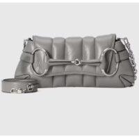 Gucci Women GG Horsebit Chain Small Shoulder Bag Grey Quilted Leather Maxi Horsebit (13)