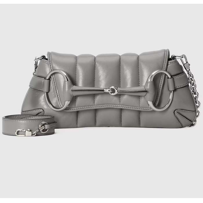 Gucci Women GG Horsebit Chain Small Shoulder Bag Grey Quilted Leather Maxi Horsebit