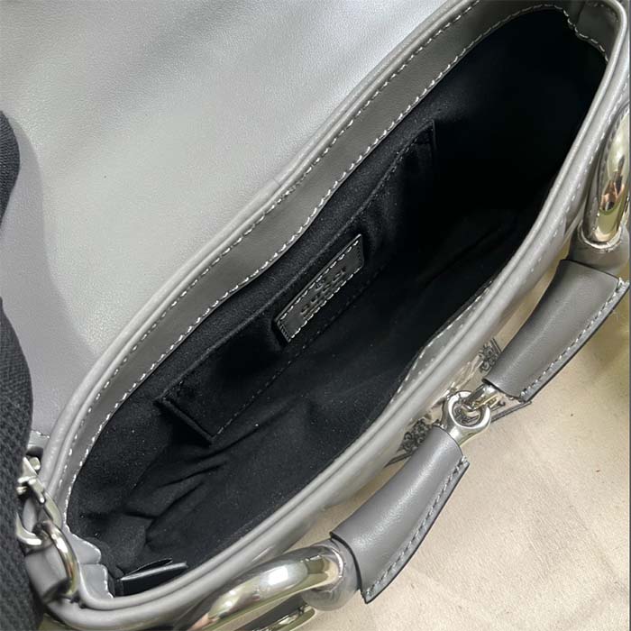 Gucci Women GG Horsebit Chain Small Shoulder Bag Grey Quilted Leather Maxi Horsebit (2)
