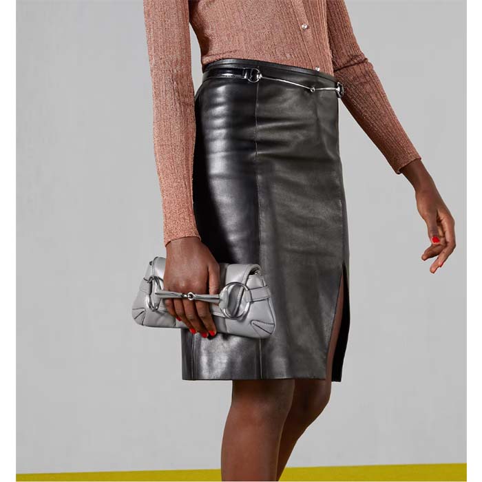 Gucci Women GG Horsebit Chain Small Shoulder Bag Grey Quilted Leather Maxi Horsebit (3)