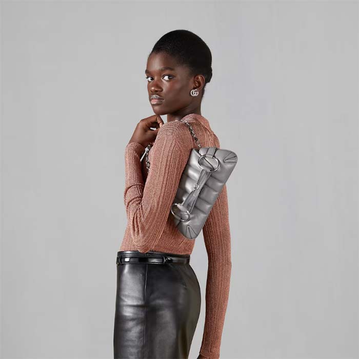 Gucci Women GG Horsebit Chain Small Shoulder Bag Grey Quilted Leather Maxi Horsebit (4)