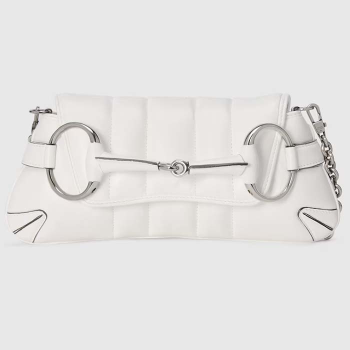 Gucci Women GG Horsebit Chain Small Shoulder Bag White Quilted Leather Maxi Horsebit