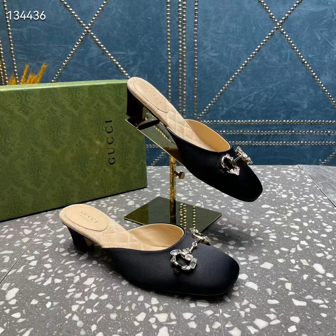 Gucci Women GG Horsebit Mule Black Satin Crystals Leather Sole Low 4.3 CM Heel