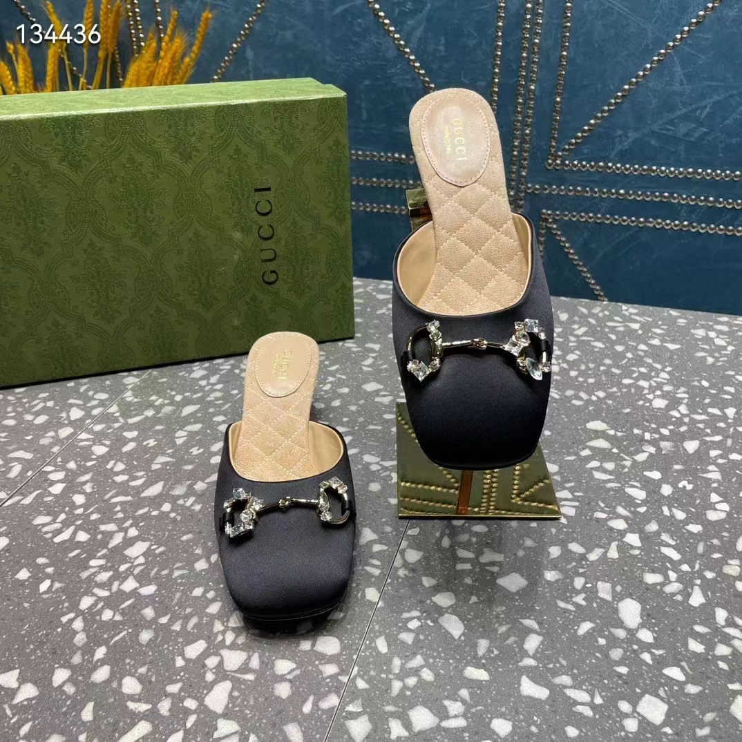 Gucci Women GG Horsebit Mule Black Satin Crystals Leather Sole Low 4.3 CM Heel