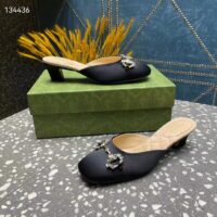 Gucci Women GG Horsebit Mule Black Satin Crystals Leather Sole Low 4.3 CM Heel (6)