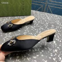 Gucci Women GG Horsebit Mule Black Satin Crystals Leather Sole Low 4.3 CM Heel (6)