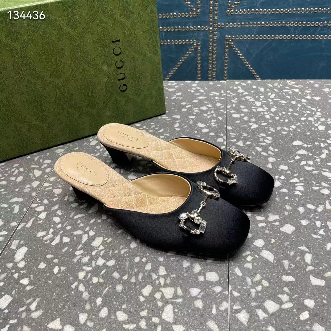 Gucci Women GG Horsebit Mule Black Satin Crystals Leather Sole Low 4.3 CM Heel