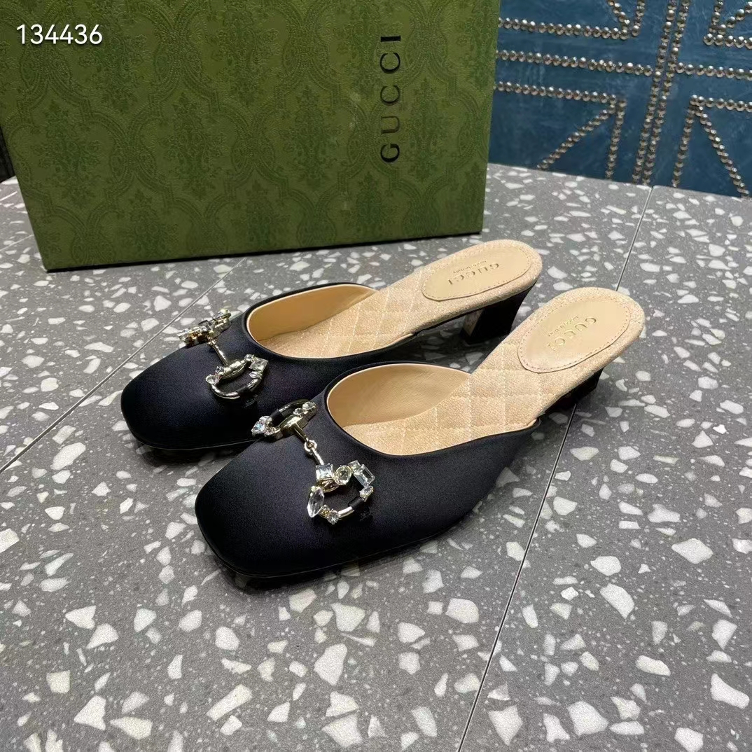 Gucci Women GG Horsebit Mule Black Satin Crystals Leather Sole Low 4.3 CM Heel