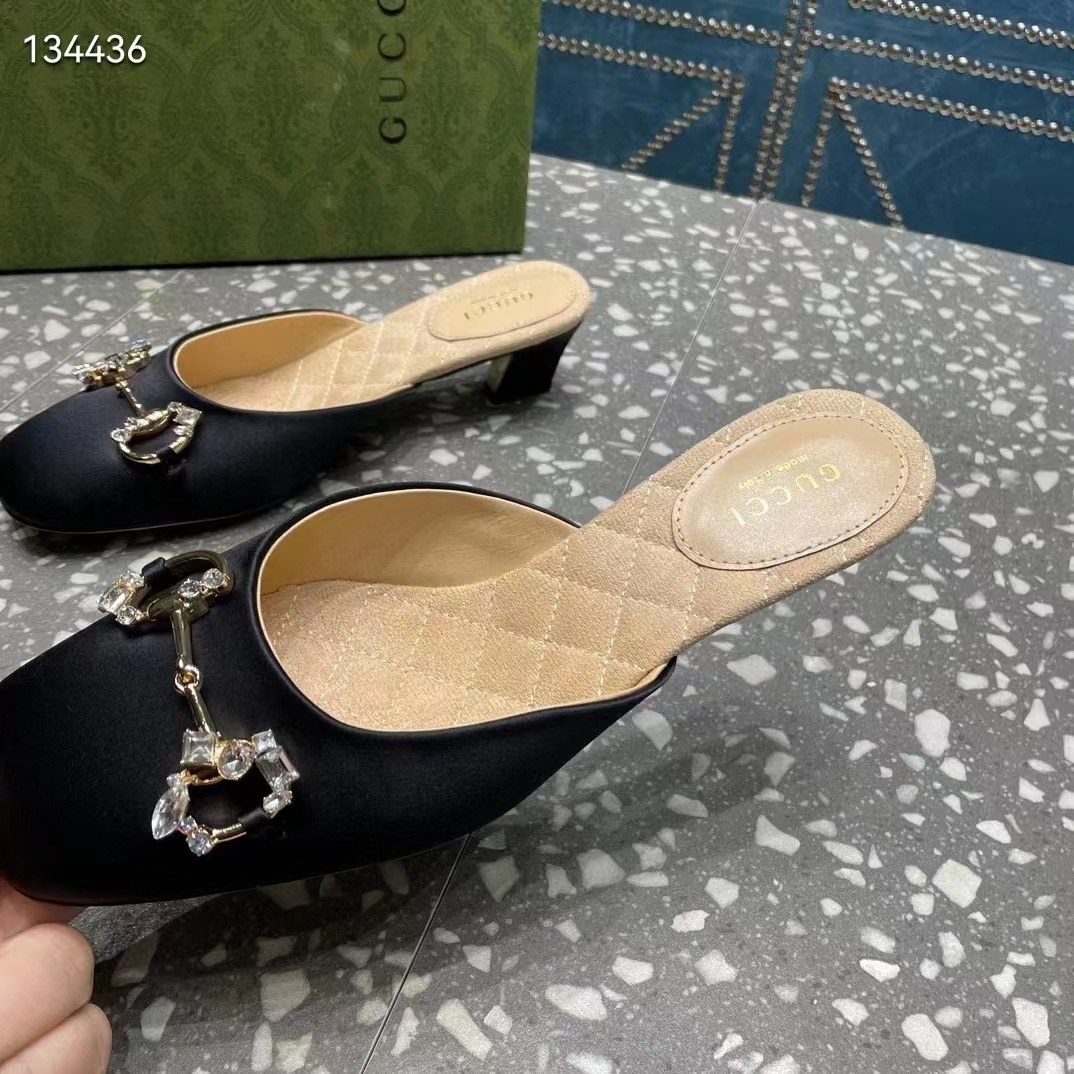Gucci Women GG Horsebit Mule Black Satin Crystals Leather Sole Low 4.3 CM Heel