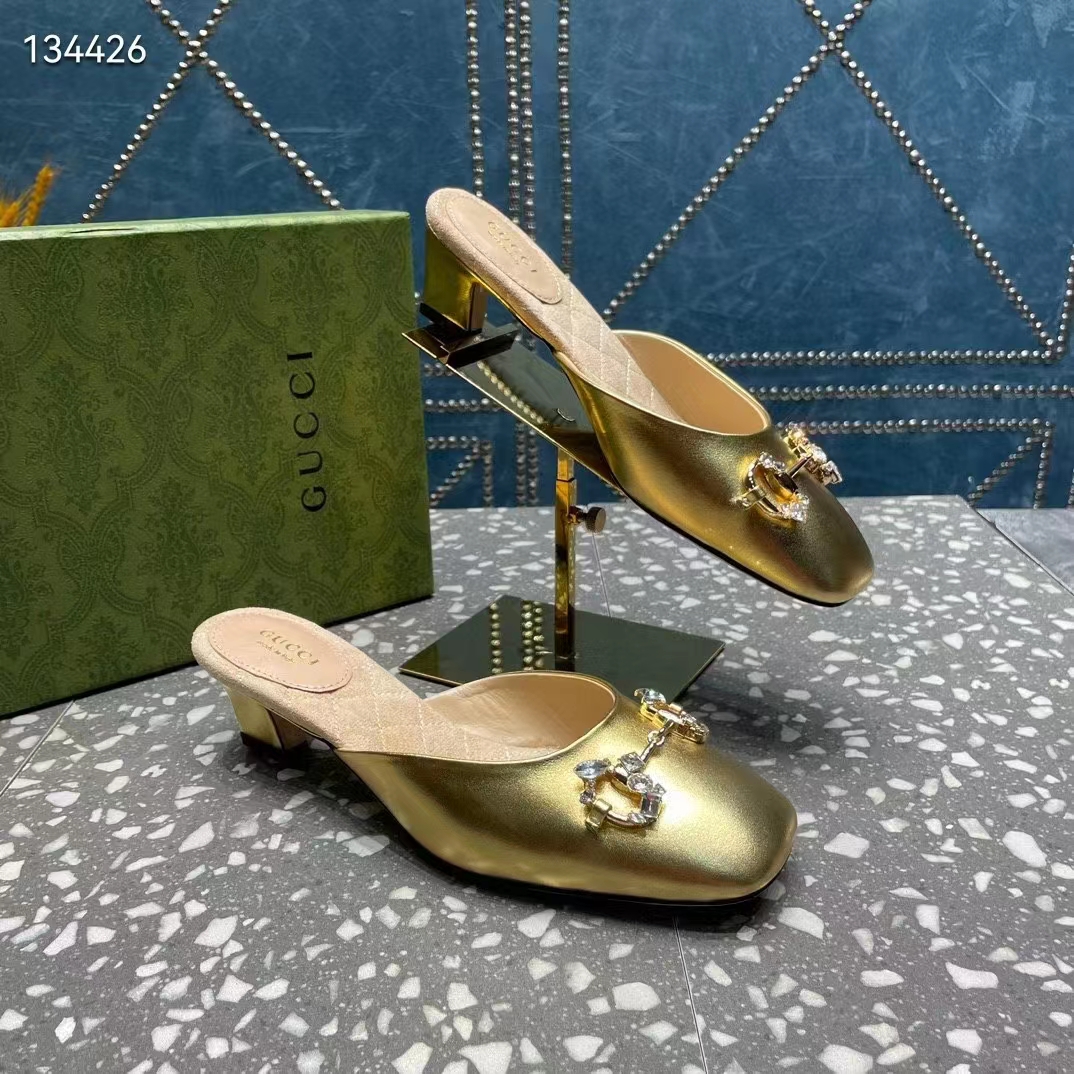 Gucci Women GG Horsebit Mule Gold Metallic Leather Crystals Leather Sole Low-Heel