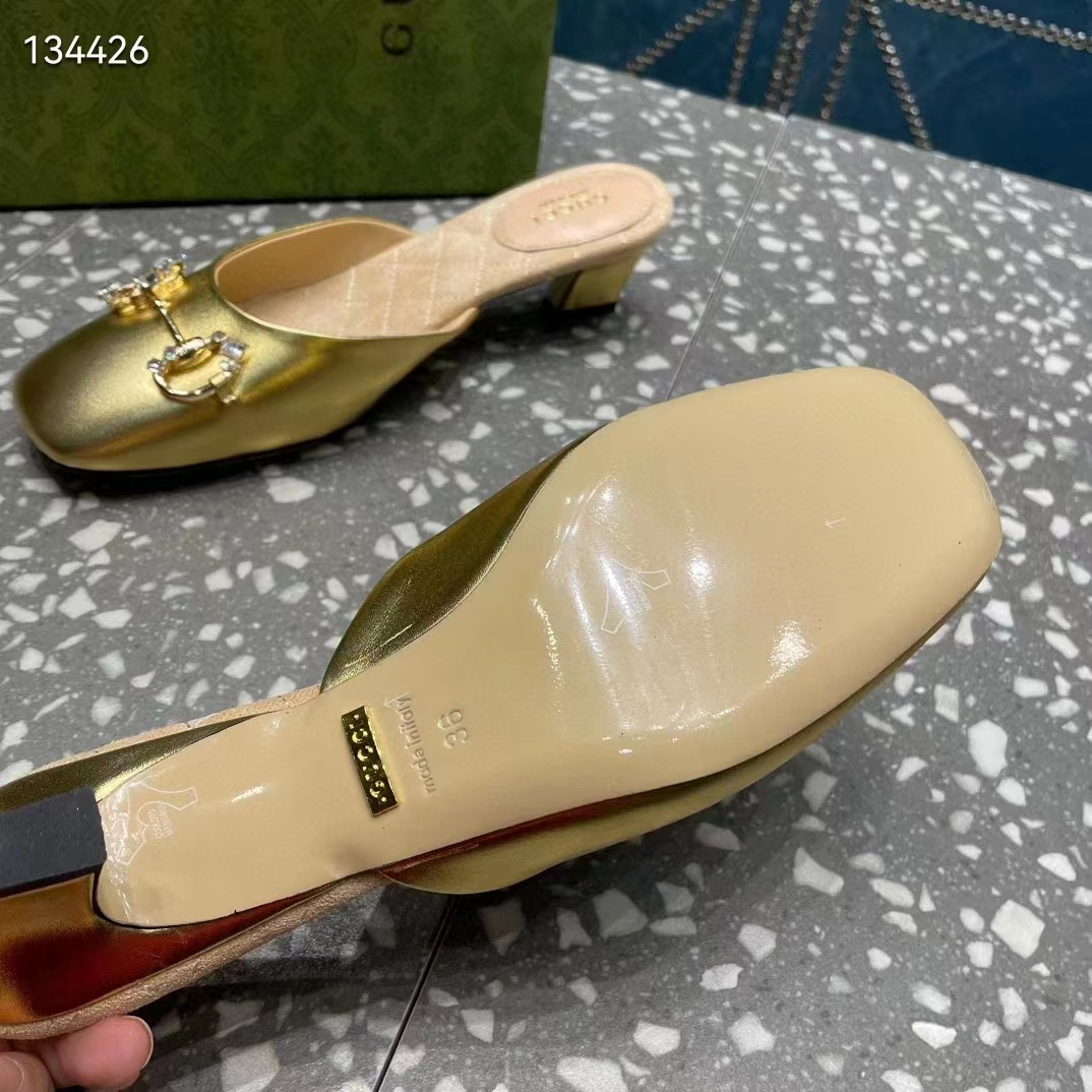 Gucci Women GG Horsebit Mule Gold Metallic Leather Crystals Leather Sole Low-Heel