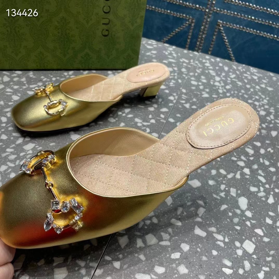 Gucci Women GG Horsebit Mule Gold Metallic Leather Crystals Leather Sole Low-Heel