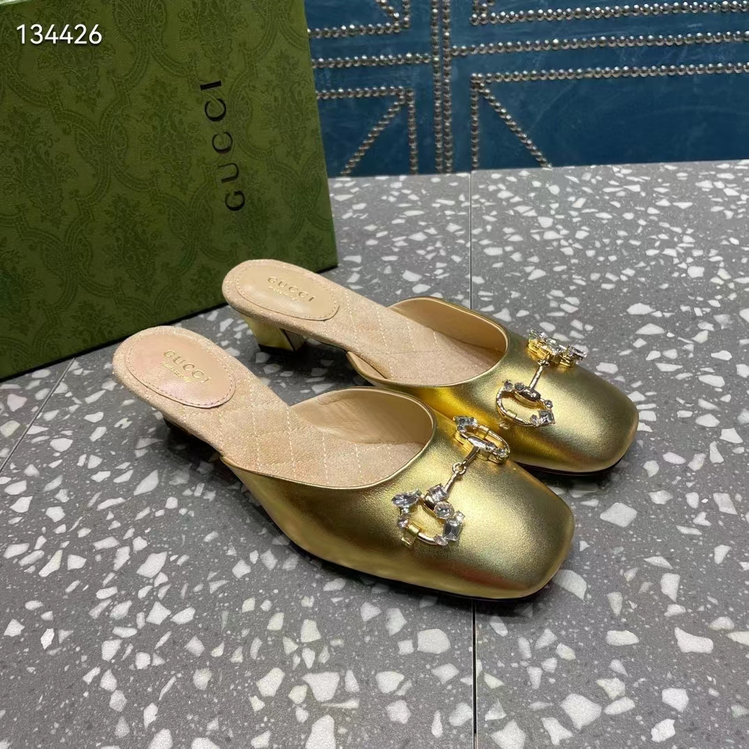 Gucci Women GG Horsebit Mule Gold Metallic Leather Crystals Leather Sole Low-Heel