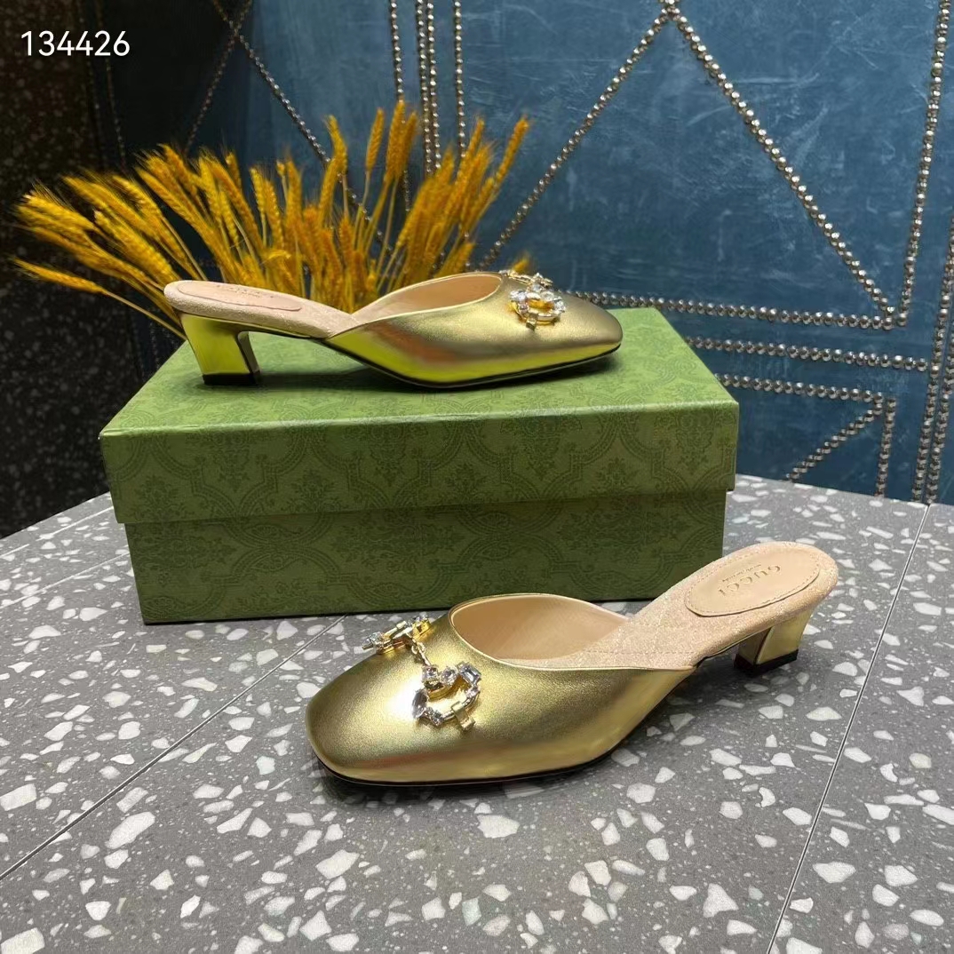 Gucci Women GG Horsebit Mule Gold Metallic Leather Crystals Leather Sole Low-Heel