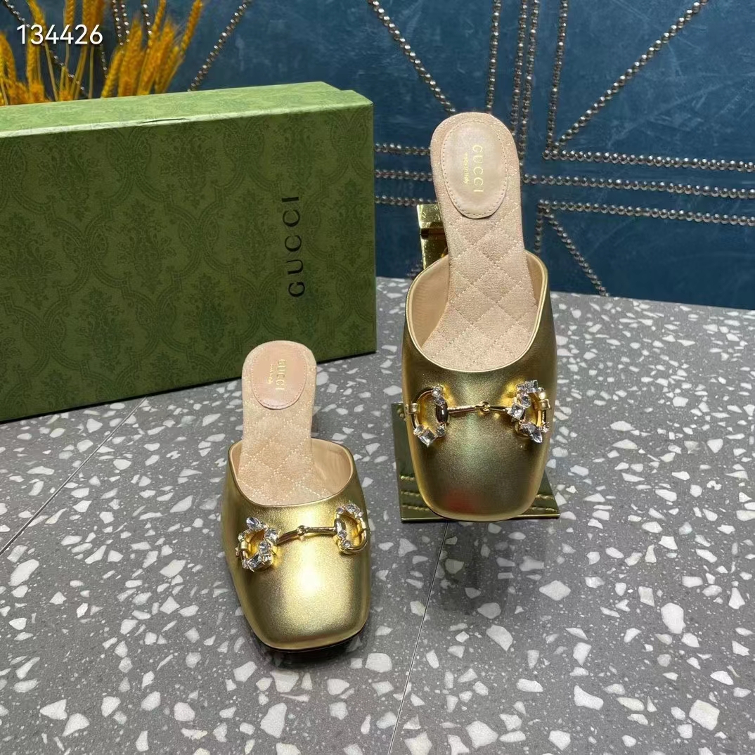 Gucci Women GG Horsebit Mule Gold Metallic Leather Crystals Leather Sole Low-Heel