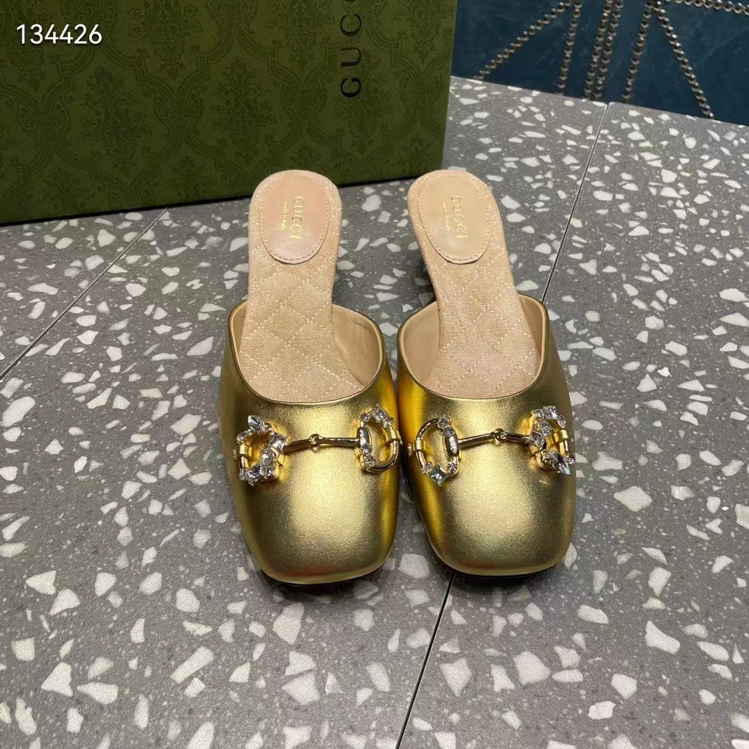 Gucci Women GG Horsebit Mule Gold Metallic Leather Crystals Leather Sole Low-Heel