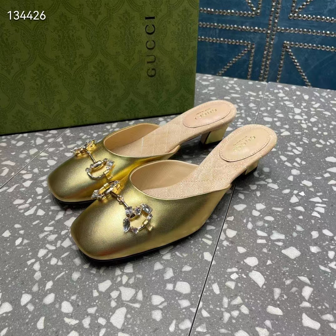 Gucci Women GG Horsebit Mule Gold Metallic Leather Crystals Leather Sole Low-Heel
