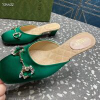 Gucci Women GG Horsebit Mule Green Satin Crystals Leather Sole Low 4.3 CM Heel (4)