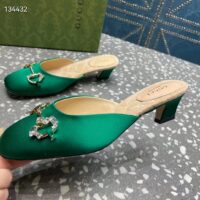 Gucci Women GG Horsebit Mule Green Satin Crystals Leather Sole Low 4.3 CM Heel (4)