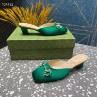 Gucci Women GG Horsebit Mule Green Satin Crystals Leather Sole Low 4.3 CM Heel (4)