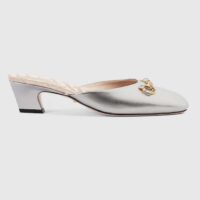 Gucci Women GG Horsebit Mule Silver Metallic Leather Crystals Leather Sole Low-Heel (2)