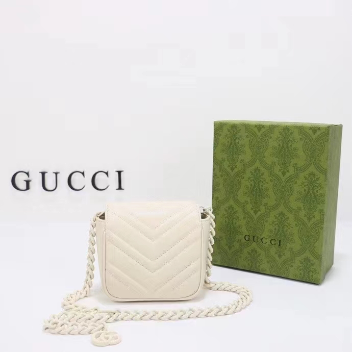 Gucci Women GG Marmont Matelassé Mini Shoulder Bag White Chevron Leather Double G (5)