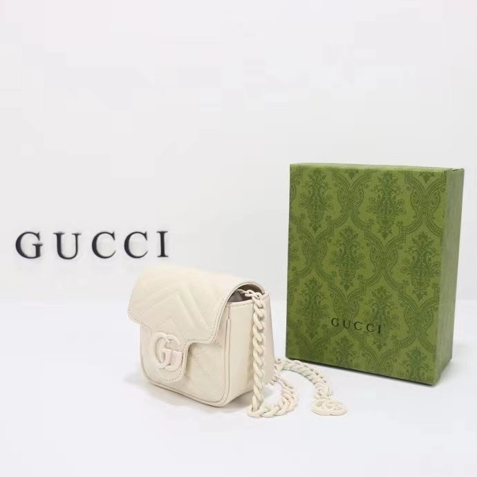 Gucci Women GG Marmont Matelassé Mini Shoulder Bag White Chevron Leather Double G (7)