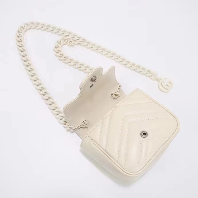 Gucci Women GG Marmont Matelassé Mini Shoulder Bag White Chevron Leather Double G (8)