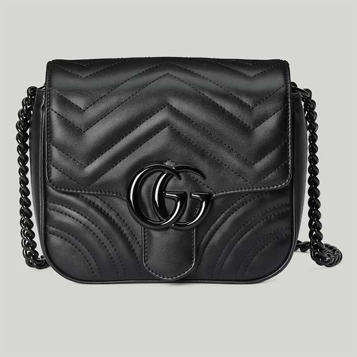 Gucci Women GG Marmont Matelassé Shoulder Bag Black Chevron Leather Double G