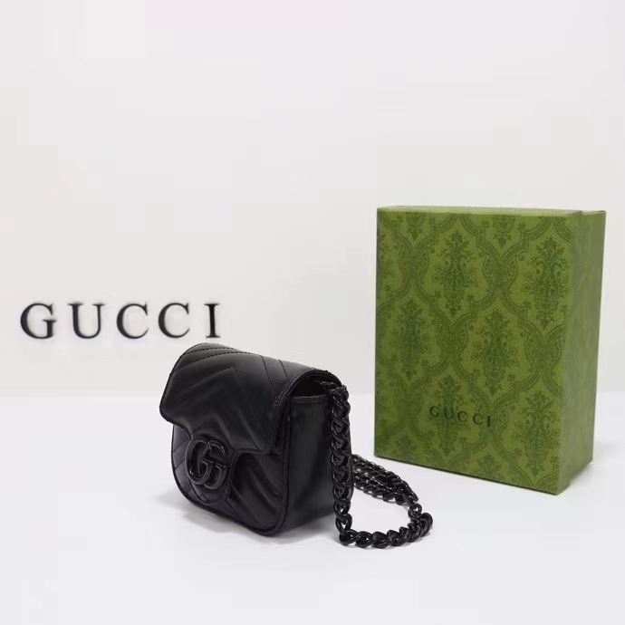Gucci Women GG Marmont Matelassé Shoulder Bag Black Chevron Leather Double G (6)