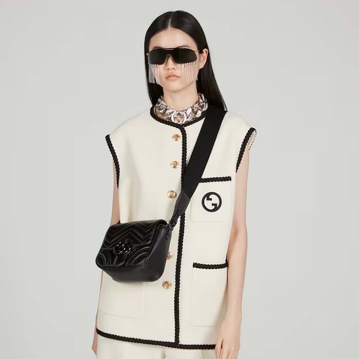 Gucci Women GG Marmont Matelassé Shoulder Bag Black Chevron Leather Double G (9)