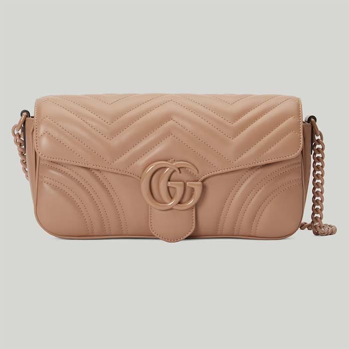 Gucci Women GG Marmont Matelassé Shoulder Bag Rose Pink Chevron Leather Double G