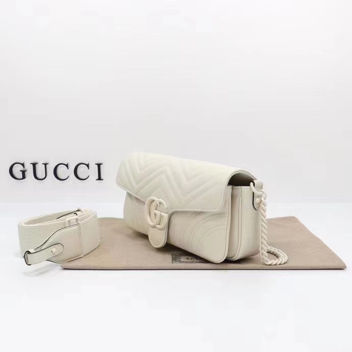 Gucci Women GG Marmont Matelassé Shoulder Bag White Chevron Leather Double G (11)