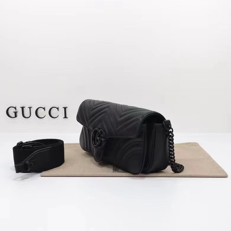 Gucci Women GG Marmont Shoulder Bag Matelassé Chevron Leather Double G Black (11)