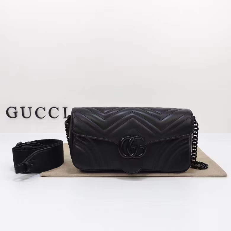 Gucci Women GG Marmont Shoulder Bag Matelassé Chevron Leather Double G Black (4)
