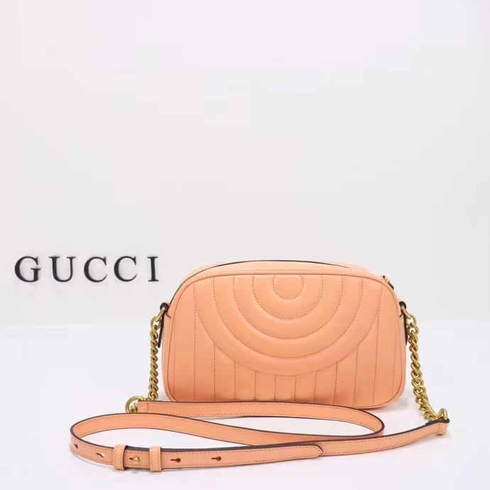 Gucci Women GG Marmont Shoulder Bag Peach Matelassé Round Vertical Leather Double G (11)