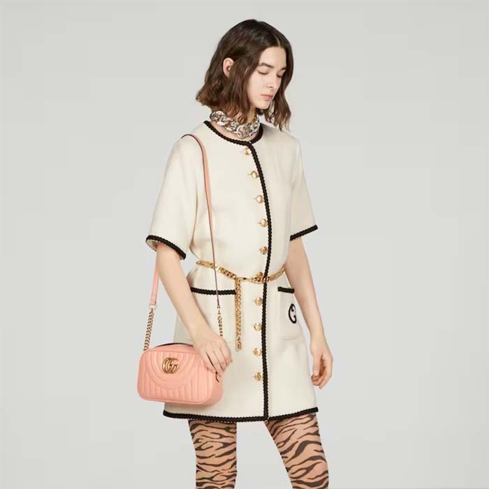 Gucci Women GG Marmont Shoulder Bag Peach Matelassé Round Vertical Leather Double G (5)