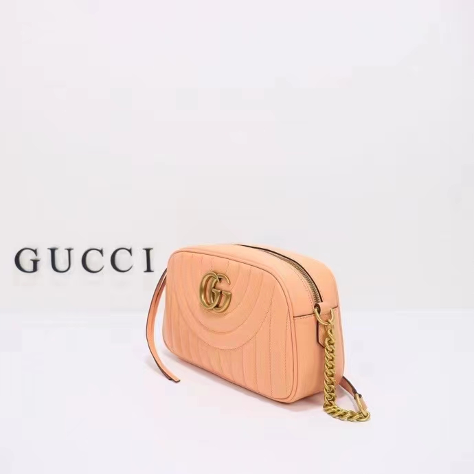 Gucci Women GG Marmont Shoulder Bag Peach Matelassé Round Vertical Leather Double G (6)