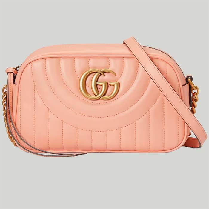 Gucci Women GG Marmont Shoulder Bag Peach Matelassé Round Vertical Leather Double G