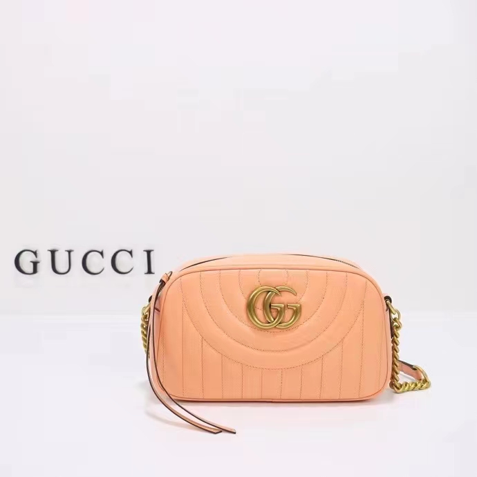 Gucci Women GG Marmont Shoulder Bag Peach Matelassé Round Vertical Leather Double G (9)