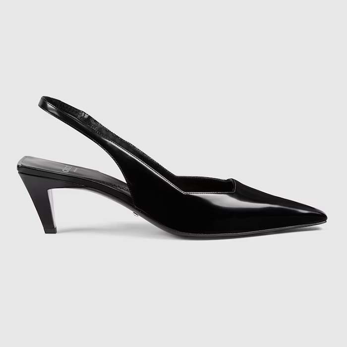 Gucci Women GG Slingback Pump Black Leather Interlocking G Square Upper Mid-Heel