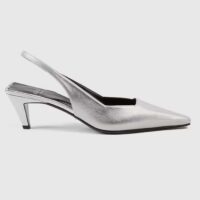 Gucci Women GG Slingback Pump Metallic Silver Leather Interlocking G Square Upper Mid-Heel (10)