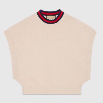 Gucci Women GG Wool Sweater Interlocking G Crewneck Web Stripe Wide Armhole Sleeveless