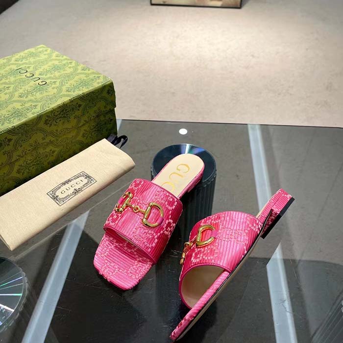 Gucci Women Horsebit Slide Sandal Fuchsia GG Raffia Leather Sole Flat (1)