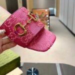 Gucci Women Horsebit Slide Sandal Fuchsia GG Raffia Leather Sole Flat - Bild 8
