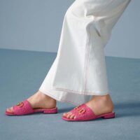 Gucci Women Horsebit Slide Sandal Fuchsia GG Raffia Leather Sole Flat (8)